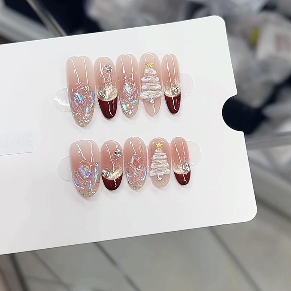 Чисто ручная работа Фототерапия Носимые ногти Милый Рождественский Готовый продукт Многоразовые накладные ногти