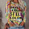 Tops For Women Colorful Crayon Drawing Print Round Neck Long Sleeve T-shirt Fall Casual Slim Pullover Women's Long Sleeve Top