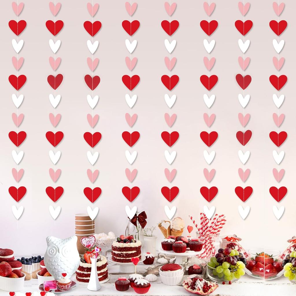 96 Red White Pink Heart Garland - NO DIY - Valentine's Day Party Decorations Supplies, Valentine's Day Hanging String Garland Banner for Wedding