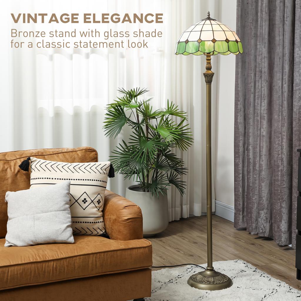 Tiffany-Style Floor Lamp with Handcrafted Stained Glass Shade, 152cm Tall Vintage Standing Lamp, Bronze Tone and Green