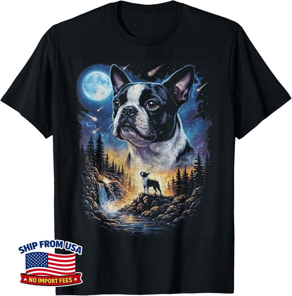 Boston Terrier Howling at The Moon Vintage Dog Art Unisex T-Shirt