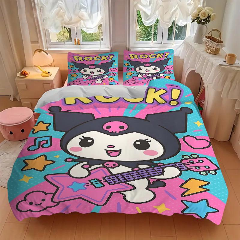 3pcs Rock Star Kuromi Bedding Set - Includes Quilt Cover and Pillowcases, Suitable for All Seasons, Machine Washable - Ideal Gift for Family