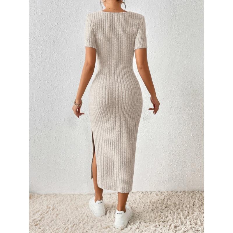 2023 European and American New Independent Station Amazon Hot French Square Collar Side Split Rib Knitted Short-sleeved Dress