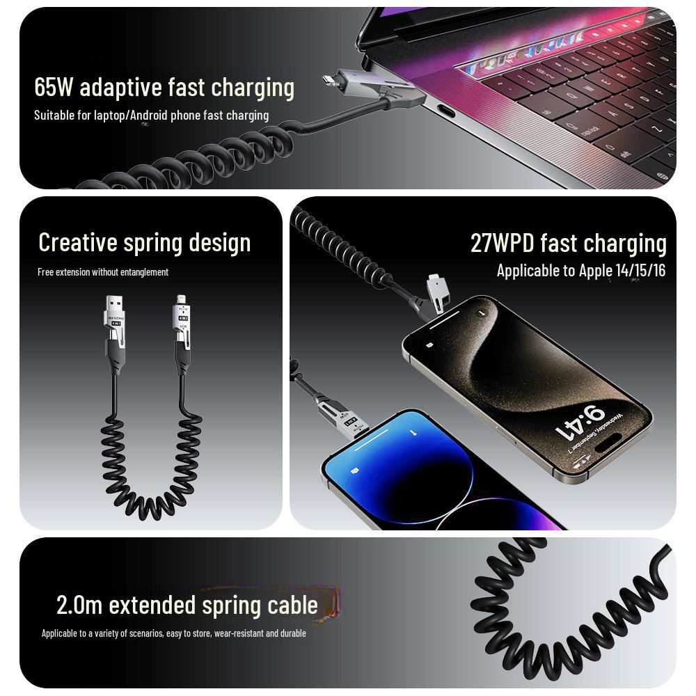 [True PD65W+27W] Телескопическое зарядное устройство 4-в-1 Double Magic Spring 65 Вт для Apple, Huawei, iPhone 16