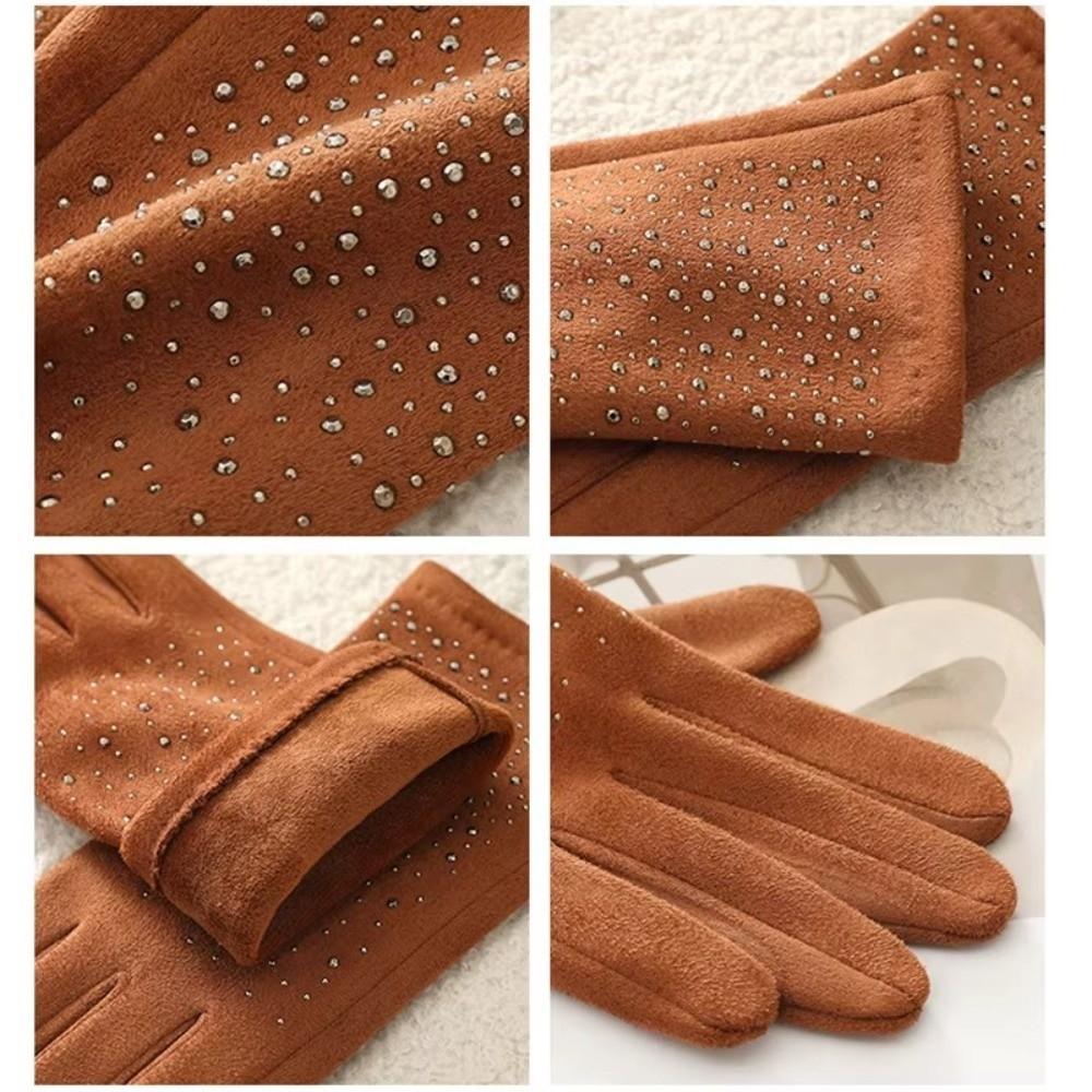 Модные Элегантные Замшевые Перчатки Ветрозащитные Эластичные Перчатки с Горячими Стразами Утепленные Теплые Перчатки для Сенсорного Экрана Осень Зима для Женщин