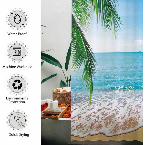 Allenjoy 72" x 72" Tropical Beach Shower Curtain Summer Seaside Scene Ocean Island Palm Tree Bathroom Decorations Curtain Durable Bathtub Showers