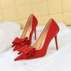 H Korean Version Fashion Slim High Heels Stiletto Satin Light Mouth Pointed Bow Single Shoes High Heels Women's Shoes