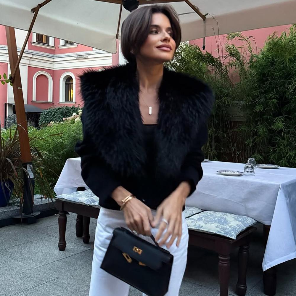 Женский черный свитер с меховым воротником, элегантный вязаный свитер с длинными рукавами, облегающий свитер, винтажный кардиган в стиле стритвеар.