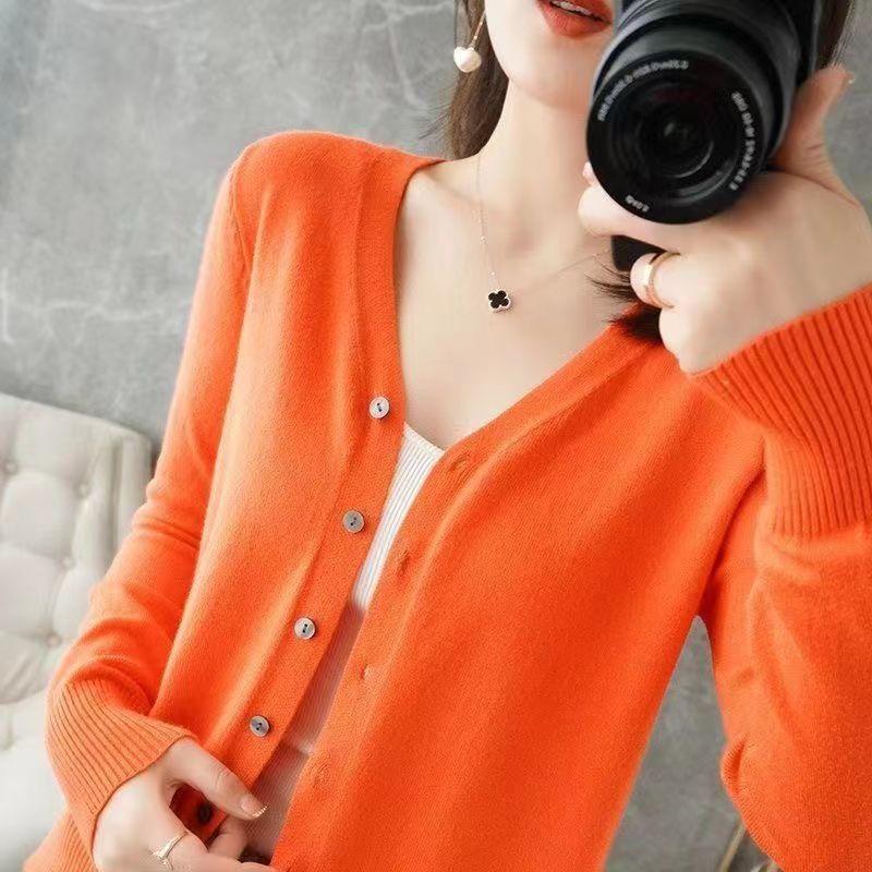 Women's V-Neck Knitted Cardigan Loose Slim Plus Size Sweater All-match Jacket Solid Color Basic Small Cardigans for Spring Autumn