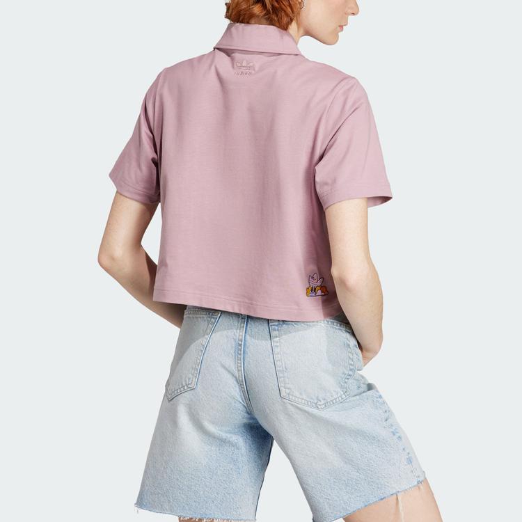 Adidas Оригинальная укороченная рубашка поло с вышитым мультяшным логотипом, спортивная рубашка поло с коротким рукавом, женская, волшебная, фиолетово-розовая IN4140