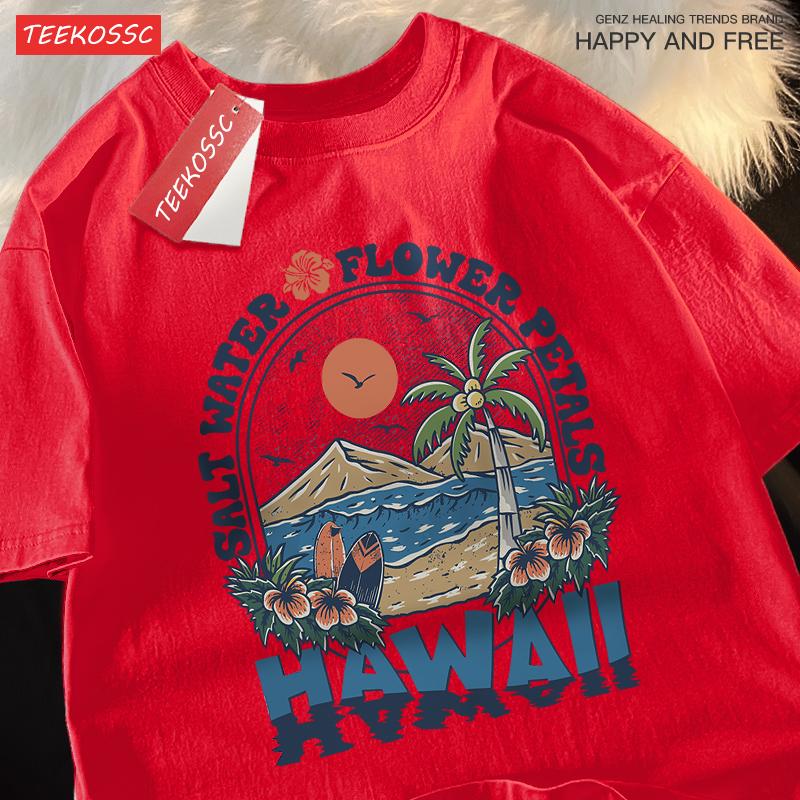 Лепестки цветов с соленой водой Гавайская одежда для мужчин и женщин Летняя футболка Harajuku с рисунком из хлопка Модные дышащие топы для пар