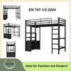 Loft Bed, 90x200cm, No Mattress, Bed with Desk, Socket And USB, Multiple Shelves, Open Storage Cabinet, Railing, Ladder, Iron Frame,