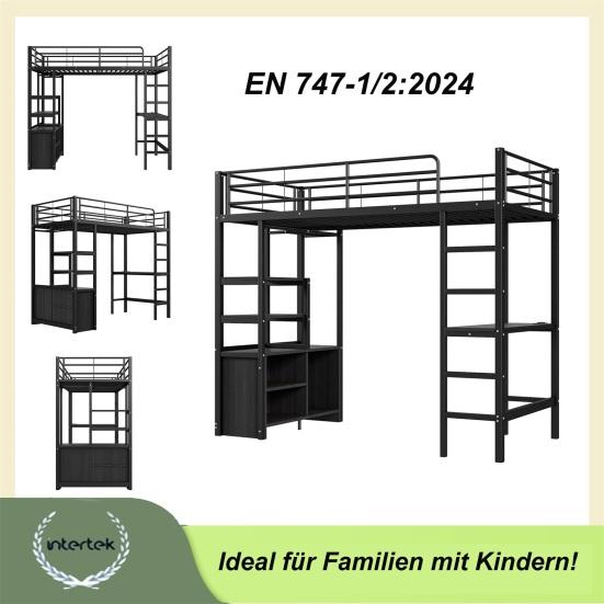 Loft Bed, 90x200cm, No Mattress, Bed with Desk, Socket And USB, Multiple Shelves, Open Storage Cabinet, Railing, Ladder, Iron Frame,