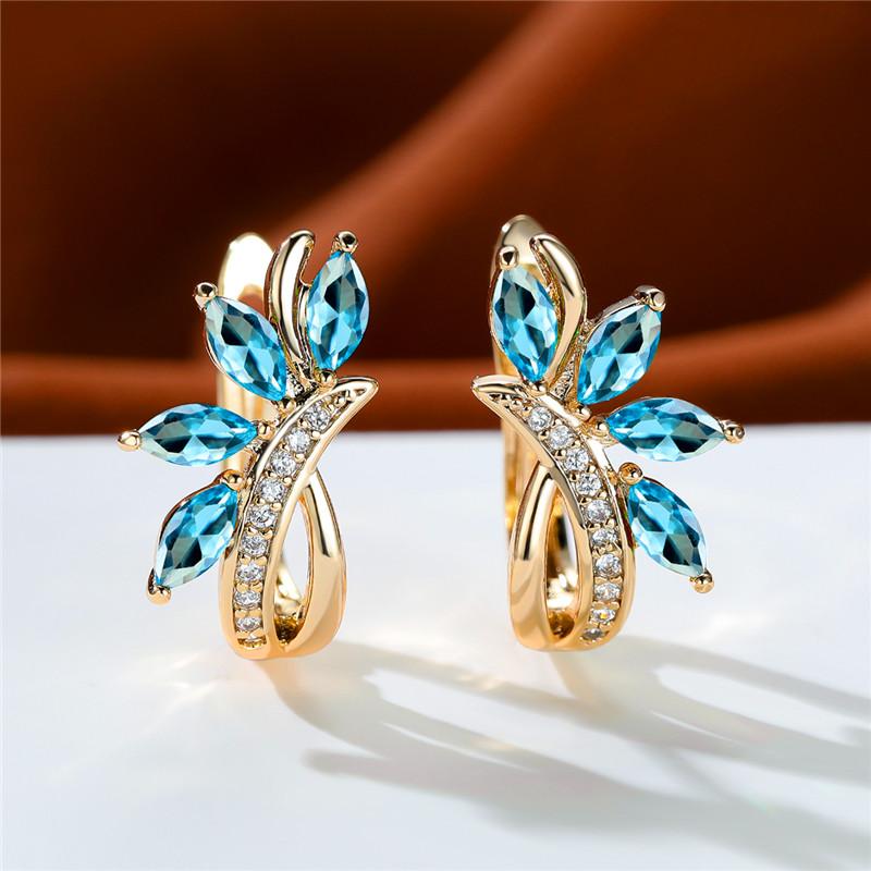 Милые женские серьги-клипсы с синим и зеленым камнем, подвески золотого цвета, белый циркон, свадебные украшения для женщин