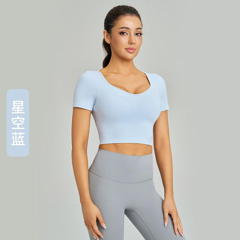 Weiman Cross Back Yoga Suit Short Sleeve Fixed Chest Pad Quick Drying T-Shirt Naked Antibacterial Sports Top Fitness Suit