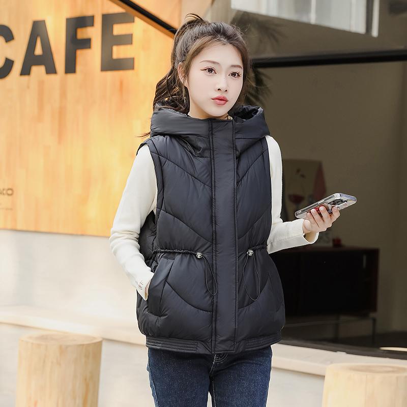 Women Autumn Winter Hooded Collar Sleeveless Solid Color Drawstring Warm Coat Vest