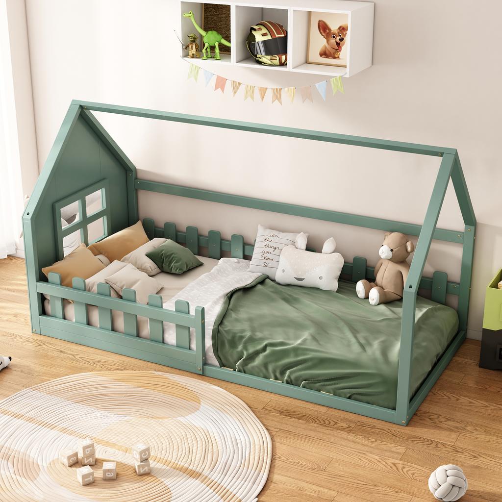 90*200cm Flat Bed, Children's Bed, House-shaped, Green