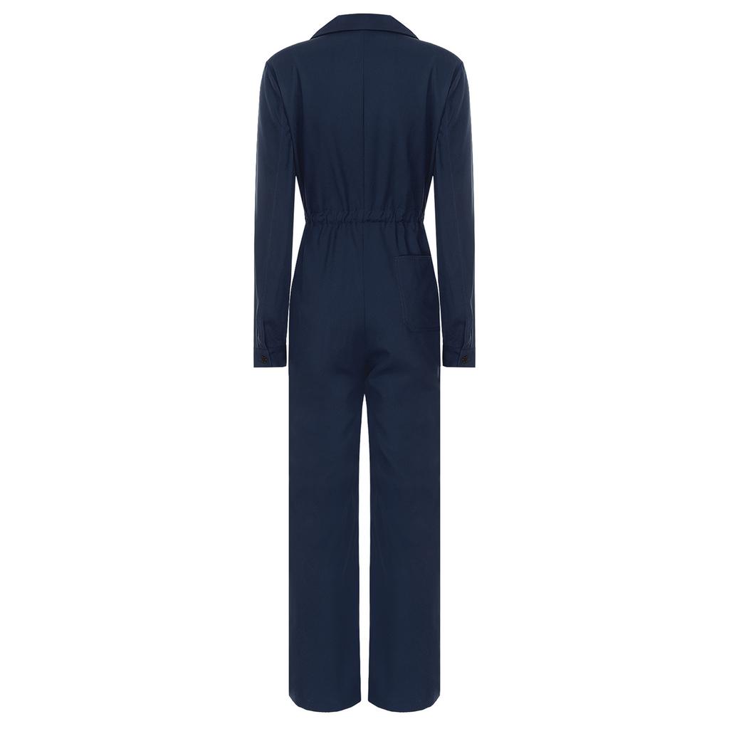 Womens Fashion Jumpsuit Button Front Design Casual Solid Color Turn Down Collar Long Sleeve Coverall