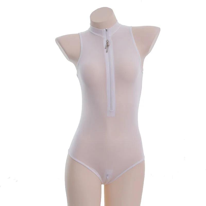 Аниме Сексуальные цельные комбинезоны Косплей Костюм Бикини Sukumizu Купальник Молния Открытая грудь Промежность Тонкий Женский Боди