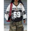 Womens Oversized Long Sleeve V-Neck Sweatshirt With Contrast Letter Print Casual Fall Top