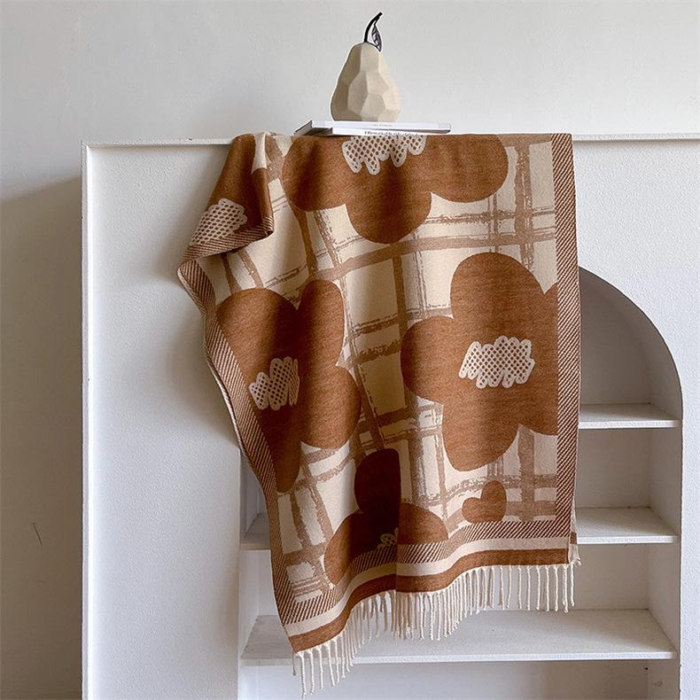 2024 Autumn/Winter New Color Blocked Imitation Cashmere Women'S Tassel Shawl Thickened Warm Double Sided Jacquard Wool Scarf