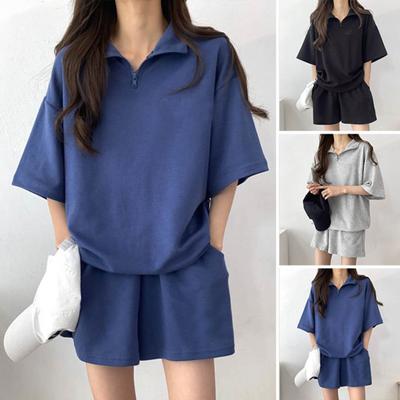 2 шт./компл., комплект из толстовки и шорт, свободный однотонный комплект с лацканами и половиной рукавов, карманы с эластичной резинкой на талии, воротник на молнии, дышащий мягкий летний спортивный костюм