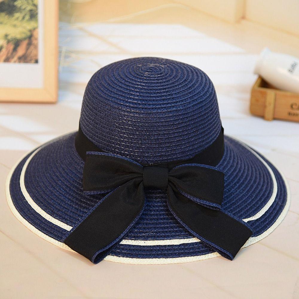 New Summer Women Sun Hat Casual Fashion Bowtie Fisherman Hat Straw Hat with Bow Ribbon Travel Beach Hat