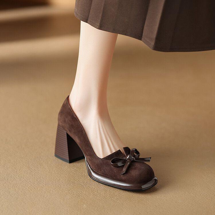 Новые туфли Мэри Джейн на высоком каблуке в стиле ретро, женские туфли из искусственной замши на толстом каблуке, дизайнерские туфли-мюли на платформе для женщин с бантом, модные офисные туфли для работы