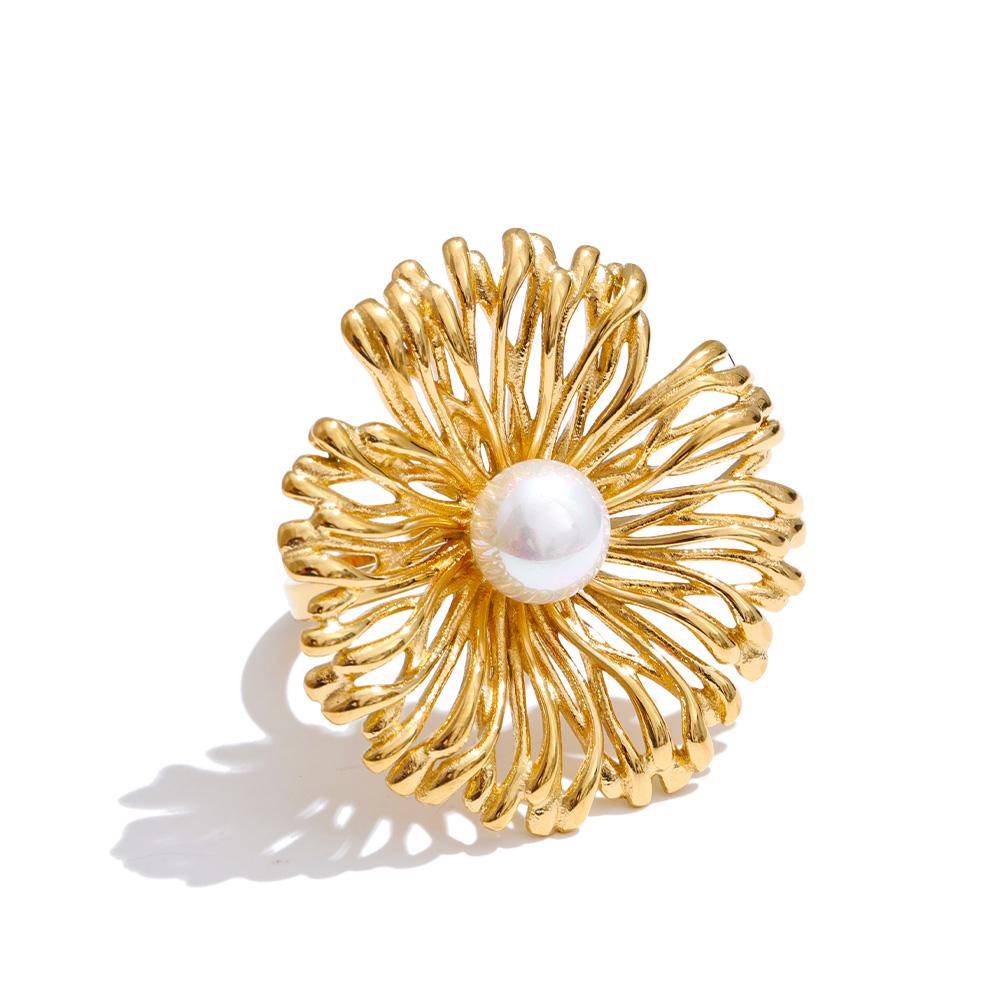 Yhpup Trendy Stainless Steel Pearl Flower Adjustable Ring Gold & Platinum Plated Stylish Unique Finger Jewelry Accessories Gift