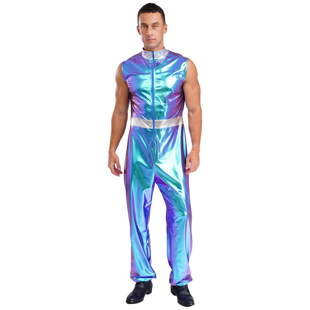 Mens Shiny Metallic Sleeveless Full Length Zipper Jumpsuit Bodysuit