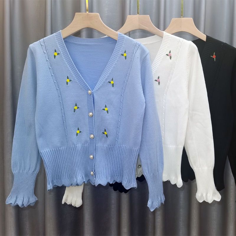 Женский весенний вязаный кардиган в корейском стиле с цветочной вышивкой, универсальный свитер с V-образным вырезом, базовый слой, топ с длинным рукавом