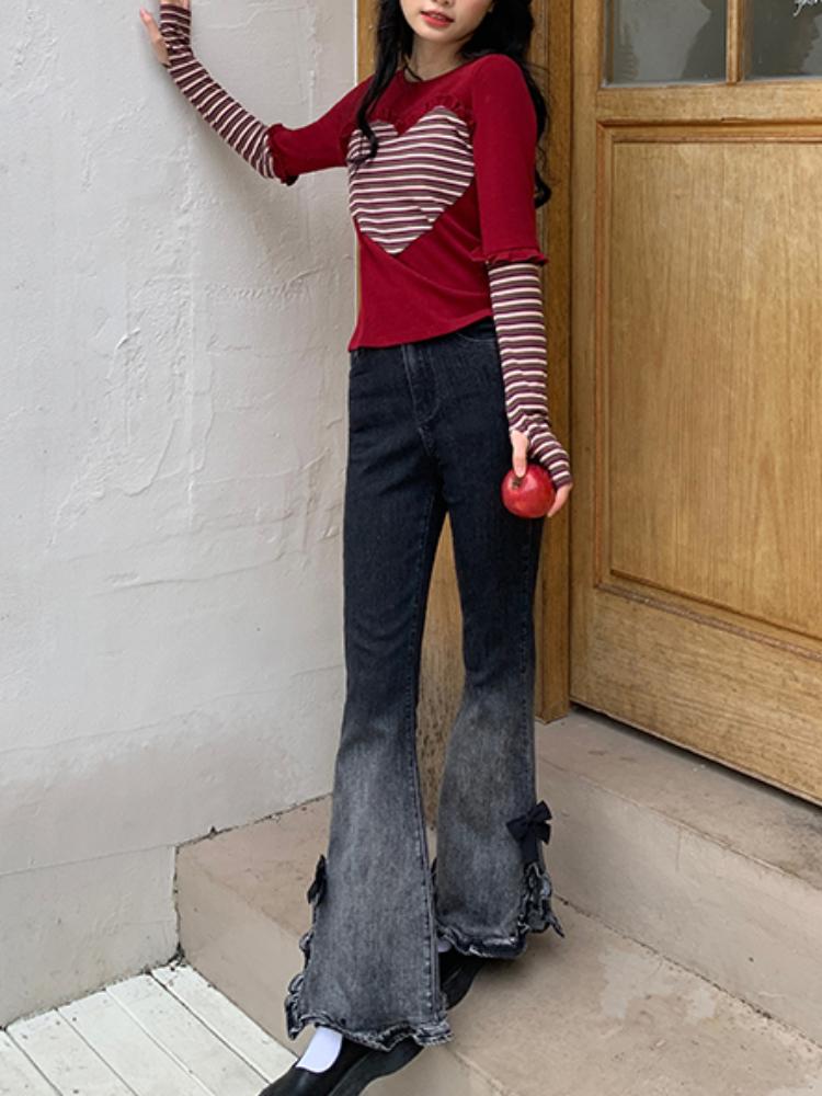 Denim Vintage Contrast Color Flare Pants Women Japanese Sweet Bow Elegant Jeans Female Korean Style Open Fork Casual Jeans 2024
