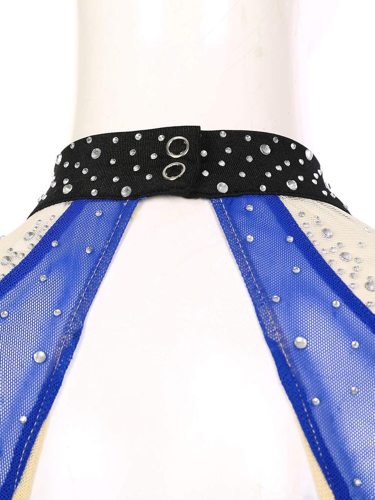 Женское платье для лирического танца, дизайн колор-блок, полупрозрачная сетчатая вставка, блестящие стразы, асимметричная танцевальная одежда