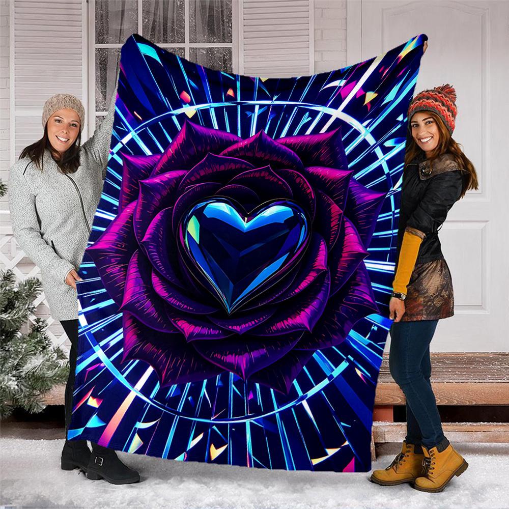 1pc Heart Rose Outdoor Flannel Blanket , Machine Washable Perfect Gift for Birthday , Holiday Travel Accessory , Durable Material