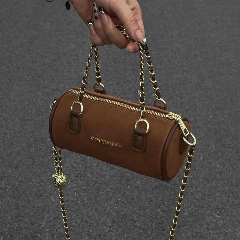 Retro Chain Cylinder Handbag Women Leather Frosted Large Capacity Shoulder Bag Ladies High End Fashion Pillow Crossbody Bag 2025