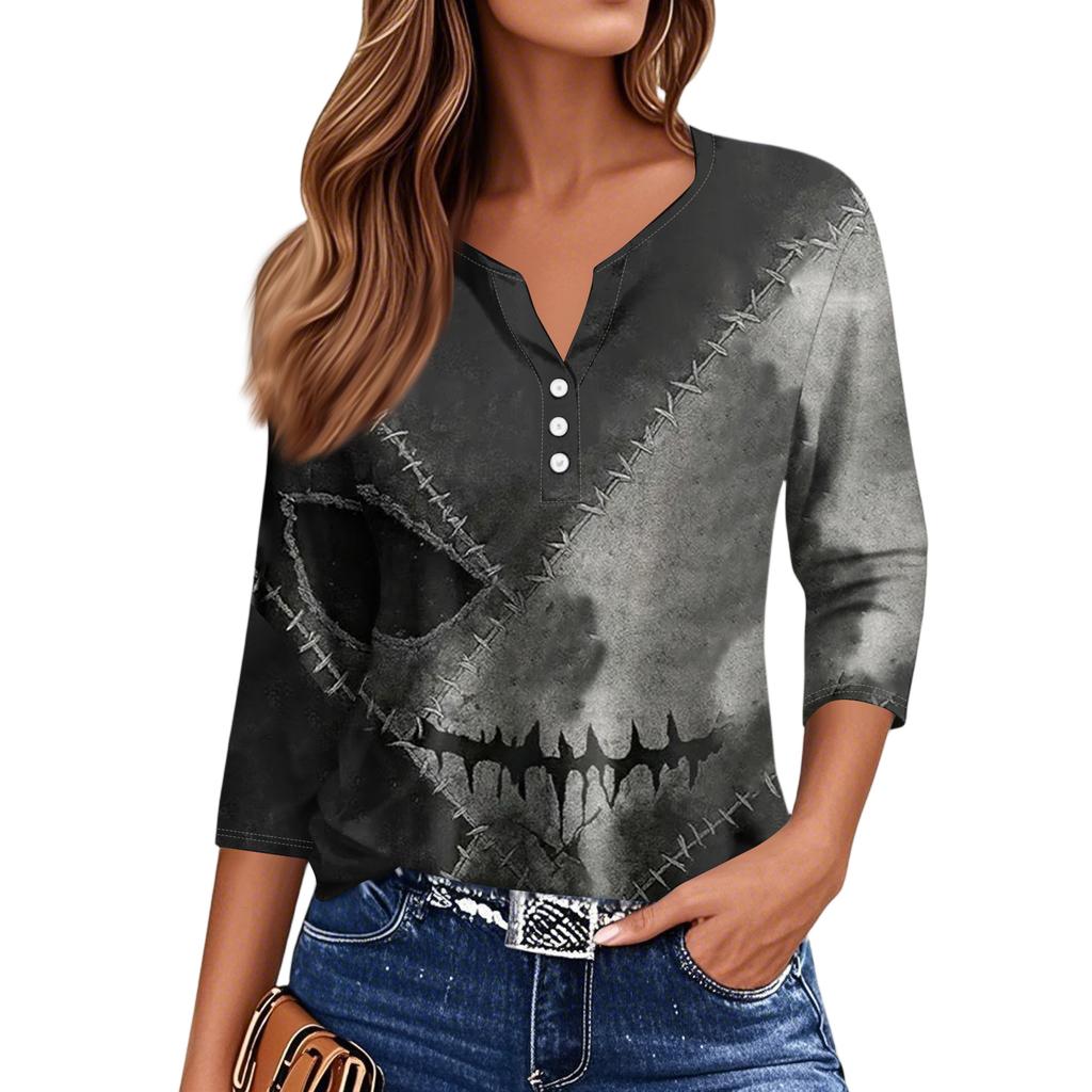 Women's Fashion Button-Up V-Neck Three-Quarter Sleeve Halloween Print Top