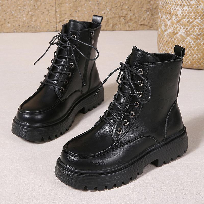 Fashion Autumn Winter Women's Platform Ankle Boots Pu Leather Lace Up Motorcycle Shoes Women Fashion Thick Sole Zipper Short Boots Woman
