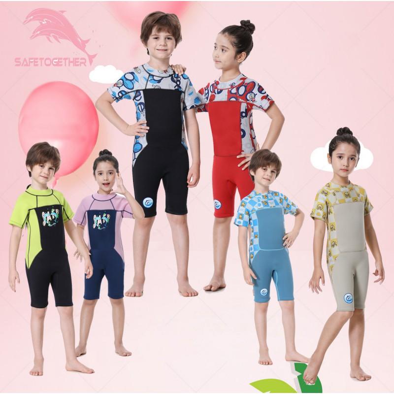 Kids 2.5mm Neoprene Wetsuit Short Sleeve Shorts Full Body Diving Suit With Rear Zipper Warm Swimwear Boys Girls