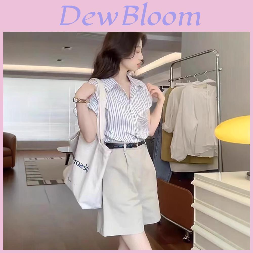 Streetwear Striped Blue Shirt For Women With Short Sleeves And V Neck For Summer Casual Wear