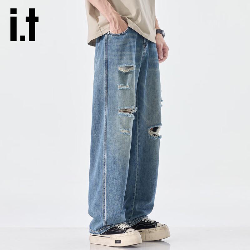 Izzue It Мужские джинсы прямого кроя свободного силуэта с эффектом потертости и рваными деталями