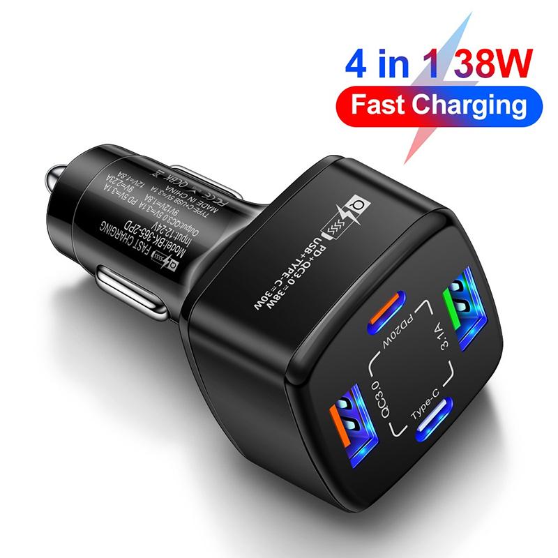 Автомобильное зарядное устройство 38 Вт, 2 USB, 1 PD Type-C, быстрая зарядка 3,1 А, зарядка телефона, адаптер Quick Charger QC 3.0 для iPhone 16 15, ноутбуков, планшетов