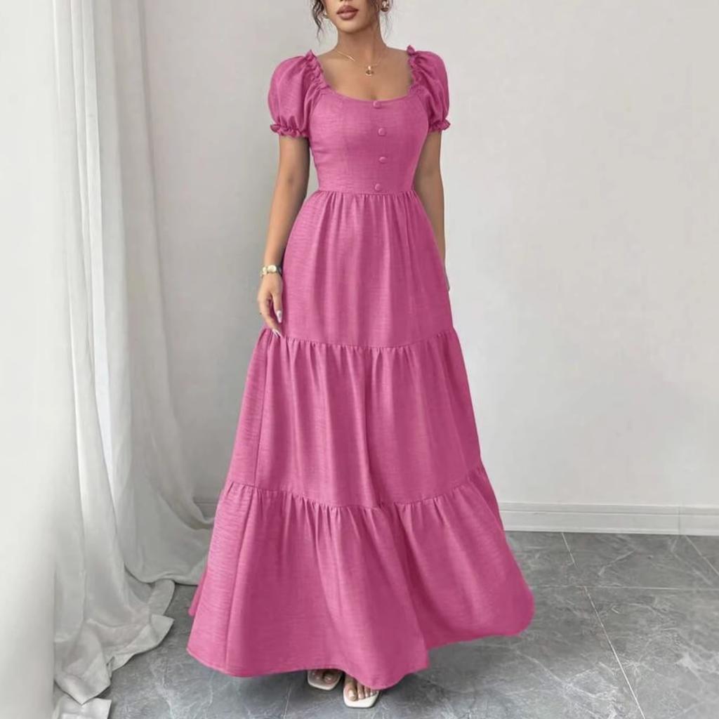 Summer Vacation Solid Color Maxi Dress Square Neck Puff Short Sleeve Tiered Ruffle High Waist Casual Long Beach Holiday Dress