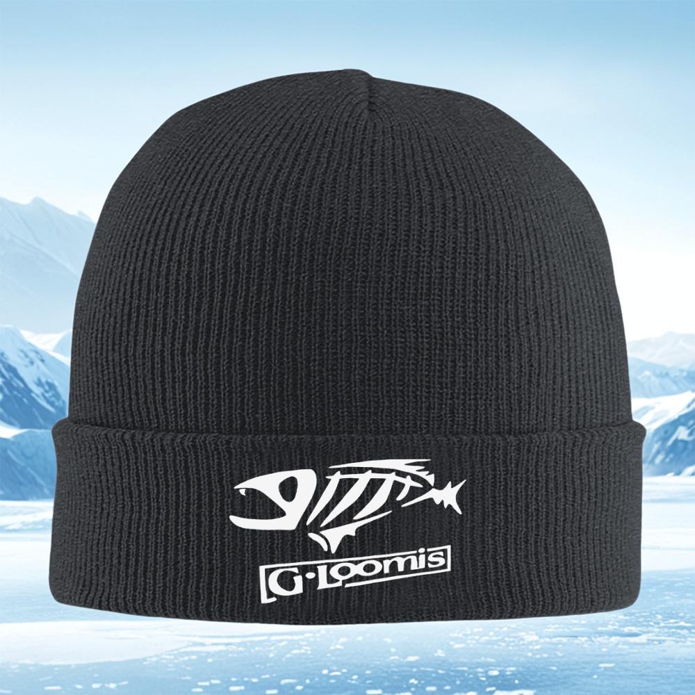 Fish skeleton logo Loomis brand white Men Women Unisex Knitted Hat Beanie Pullover Cap Winter Thermal Warm Christmas Outdoor Cyc