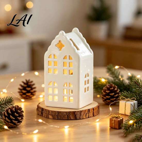 Handmade White Ceramic Ornament House Shape Candle Holder Hollow Tea Light Holder Decor Ornament Artistic Miniature Figurine for Christmas