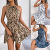 Women Spring Summer Halter Neck Leisure Ruffle Edge Flared Flower Beach Short Dresses