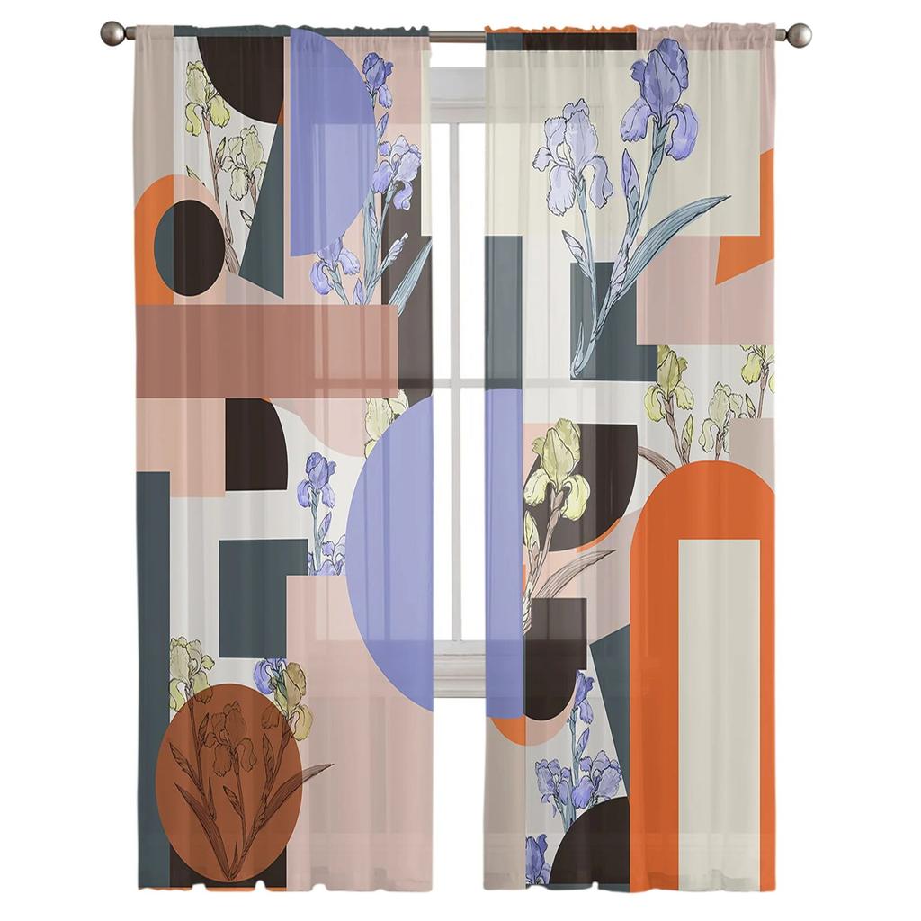 Retro Medieval Flower Color Block Bedroom Transparent Sheer Curtains Holiday Decoration Window Voile Tulle Curtain