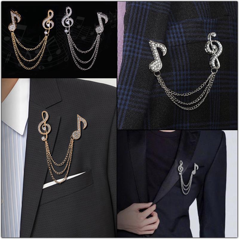 Elegant Rhinestone Music Note Brooch with Tassel Chain - Crystal Lapel Pin Accessory