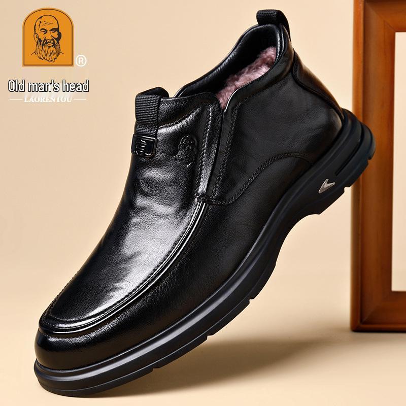 Genuine Leather Men's High-Top Winter Shoes - Warm Cowhide with Thick Velvet Lining