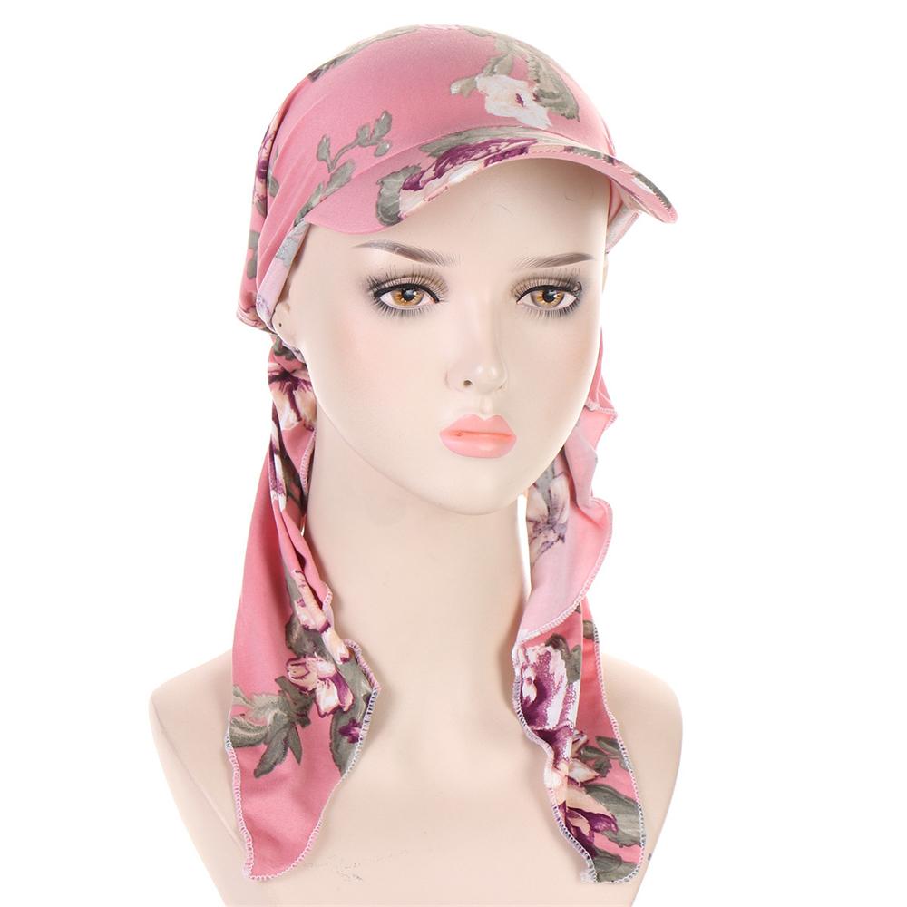 2025 Print Pre-Tied Hat Women Muslim Long Tail Headscarf Hijab Turban Visor Chemo Cap Bonnet Hair Loss Head Wrap Turbante Mujer