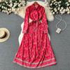Kuzgi Moda Brend Dizayner Xatlar Bosma Qizil Vintage Maksi Ko'ylak Ayollar Uzun Qisma Qaytma Yoqa Kemer Bog'ichli A Kesimli Kechki Libos